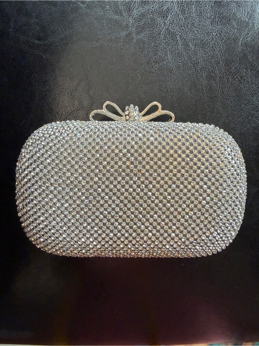 Silver Crystal Bow Clasp Evening Clutch
